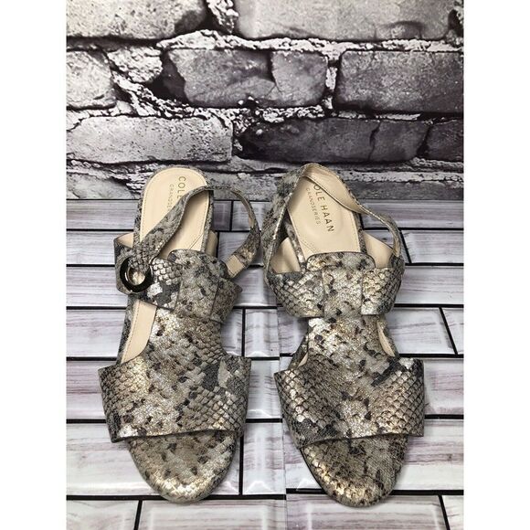 Cole Haan Grand OS Taupe Shimmer Leather Open Block Heel Sandals 5B US/35.5EU - Picture 12 of 16